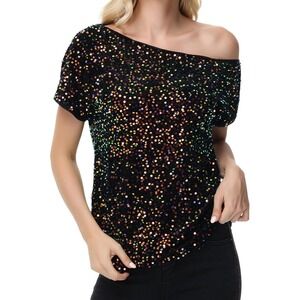 Anna-Kaci Sequin One Shoulder Blouse XXL Party Club Sparkle Glitter Top